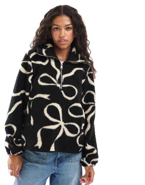 Threadbare zip through fleece with bow print in cream - view 1