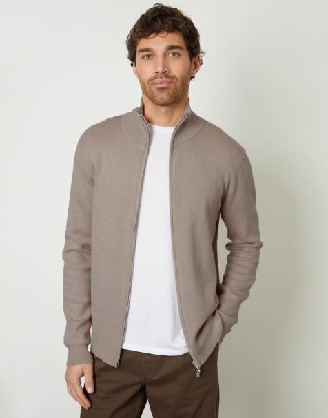 Threadbare Zip-through funnel neck knitted cardigan in taupe - view 1