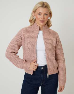 Threadbare Zip Through Knitted Bomber In Pink