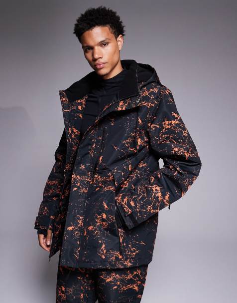 Threadbare zip through ski jacket with hood in black and orange print - view 1