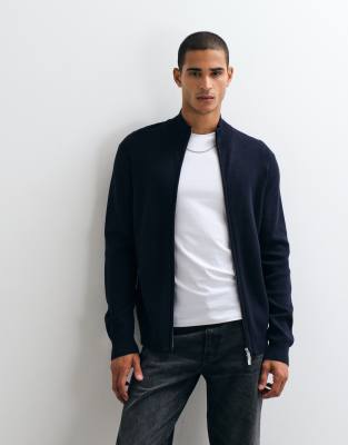 Threadbare Zip Up Knit Cardigan In Navy