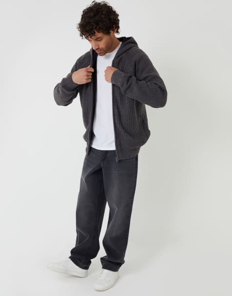 Threadbare Zip-up knitted hoodie with microfleece lining in charcoal - view 1