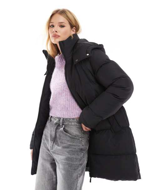 Threaded mid length puffer coat in black - view 1