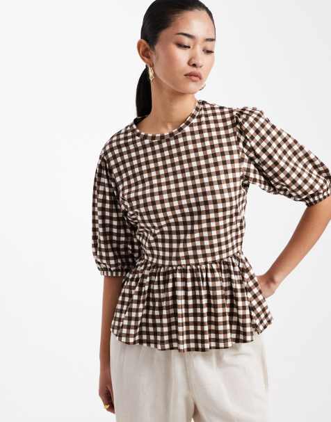 Threadbare jersey puff sleeve peplum top in brown gingham print