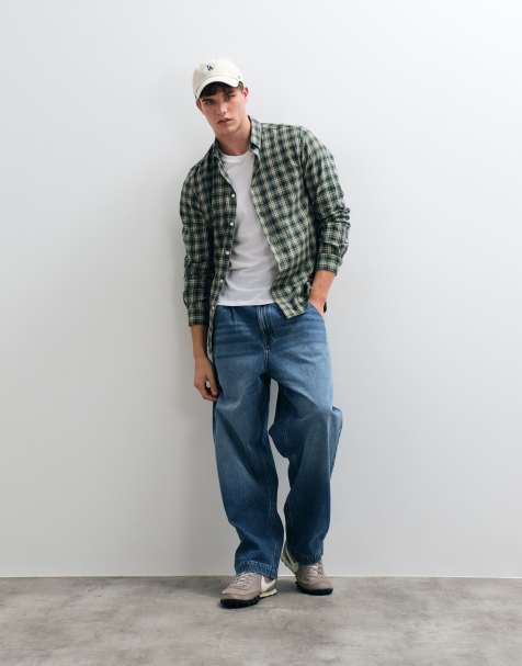 Thredbare checked flanel shirt with button up collar in khaki - view 1