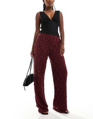 Threadbare Thredbare wide leg lace trousers in burgundy