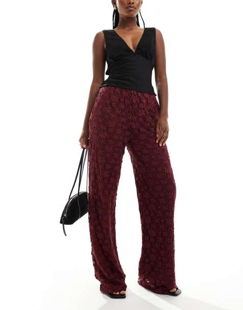 Thredbare wide leg lace trousers in burgundy - view 1