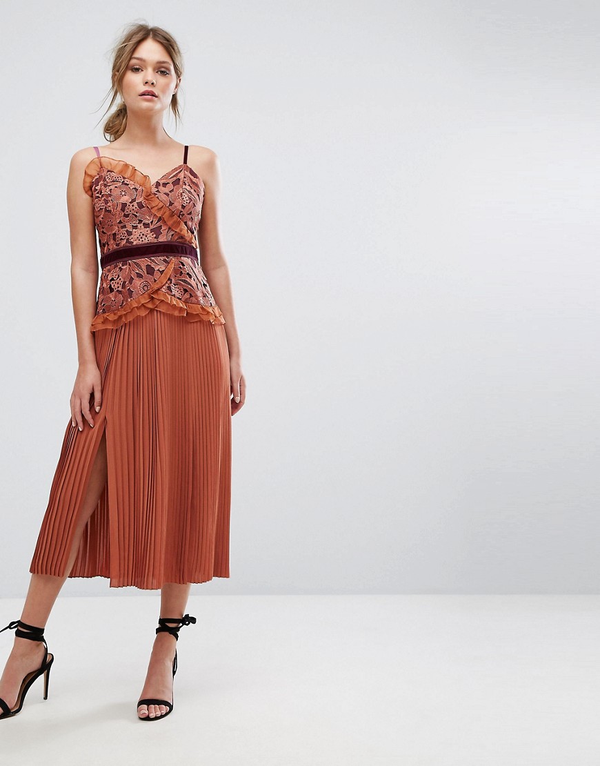 Three Floor Cami Strap Midi Dress with Lace and Pleated Skirt-Orange
