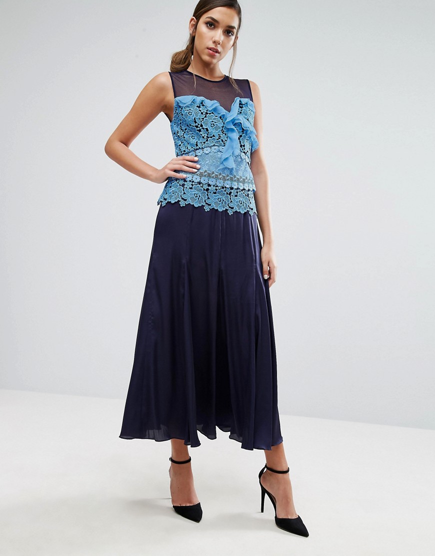 Three Floor - Geplooide midi-jurk met contrasterend kant-Blauw