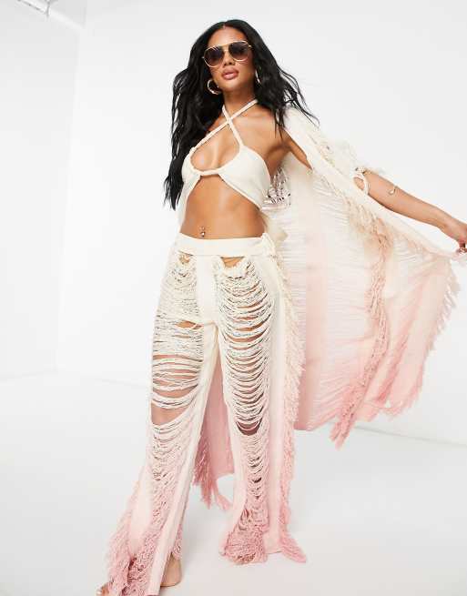 Thrifts + Threads exaggerated fray detail maxi kimono in pink ombre