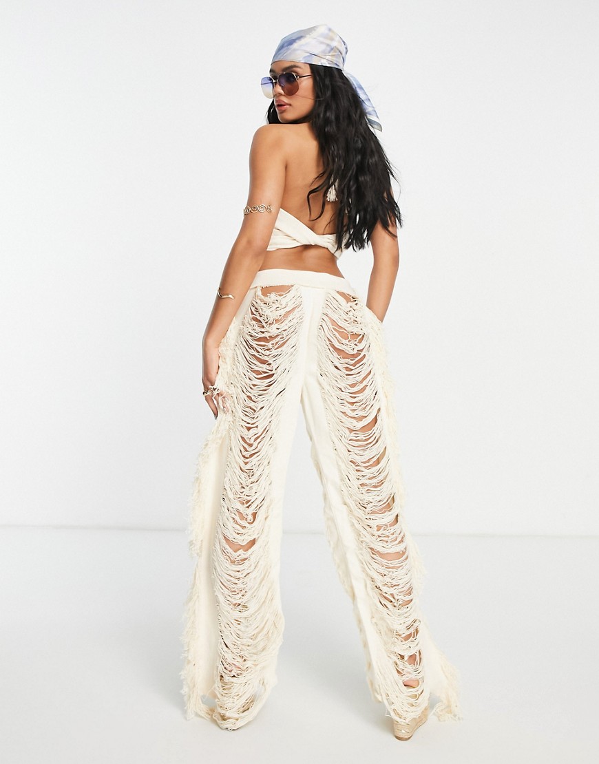 Thrifts + Threads exaggerated fray detail wide leg pants in cream-White