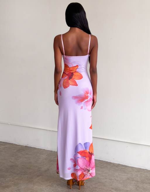 Tiger Mist Alaina cami slinky mesh maxi dress in lilac floral, 3 of 4