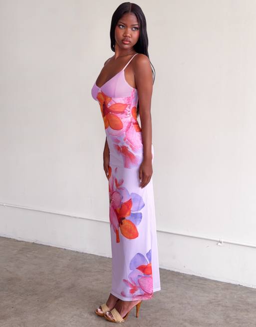 Tiger Mist Alaina cami slinky mesh maxi dress in lilac floral, 4 of 4