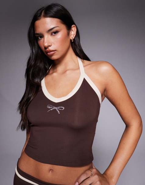 Tiger Mist Alysia contrast trim diamante bow halterneck top in brown and cream - part of a set - view 1