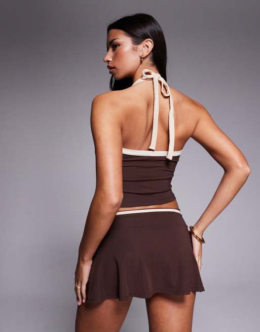 Tiger Mist – Alysia – Mini-Skort in Braun mit kontrastierender Schleife an der Taille in Rosa, Kombiteil, 2 von 5
