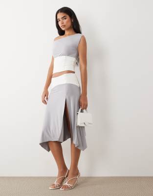Tiger Mist Alyssa contrast button waist detail thigh slit midaxi skirt in gray and white - part of a set gray
