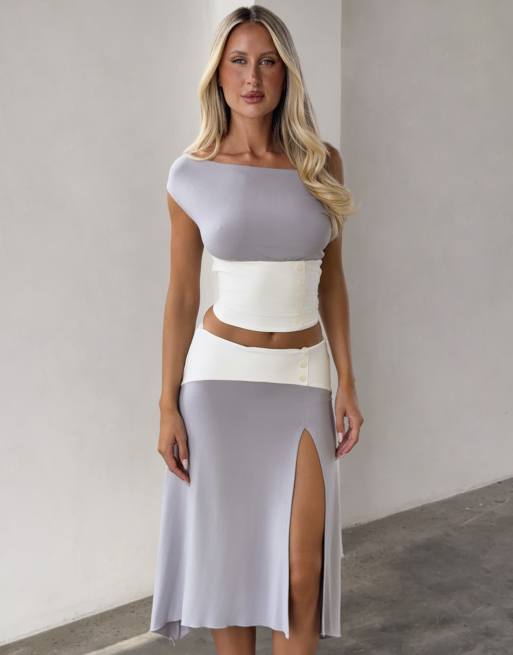 Tiger Mist Alyssa drape off shoulder contrast button detail top in gray and white - part of a set, 3 of 4