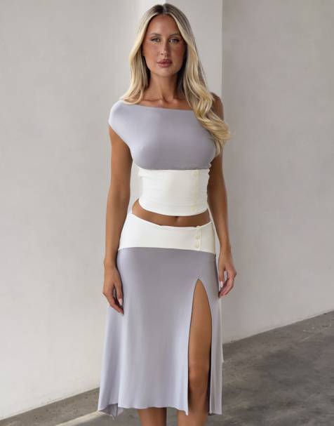 Tiger Mist Alyssa drape off shoulder contrast button waist detail top and split midaxi skirt co-ord in grey and white - view 1