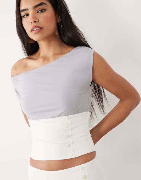 Tiger Mist Alyssa draped off-shoulder contrast button waist detail in gray and white - part of a set - view 1