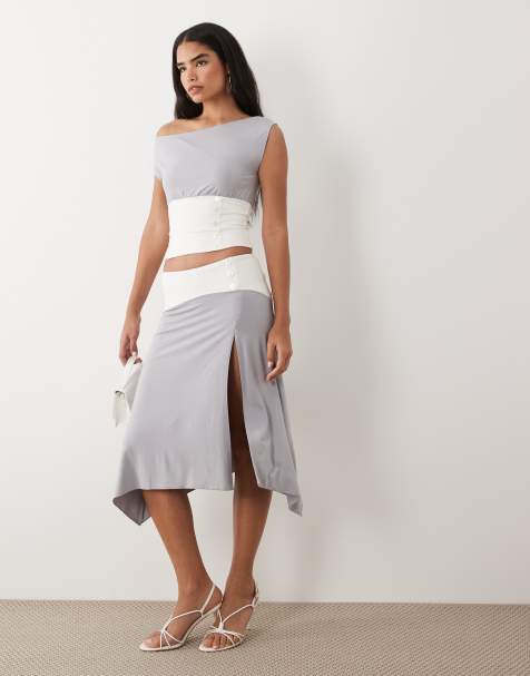 Tiger Mist Alyssa draped off-shoulder contrast button waist detail top and slit midaxi skirt set in gray and white - view 1
