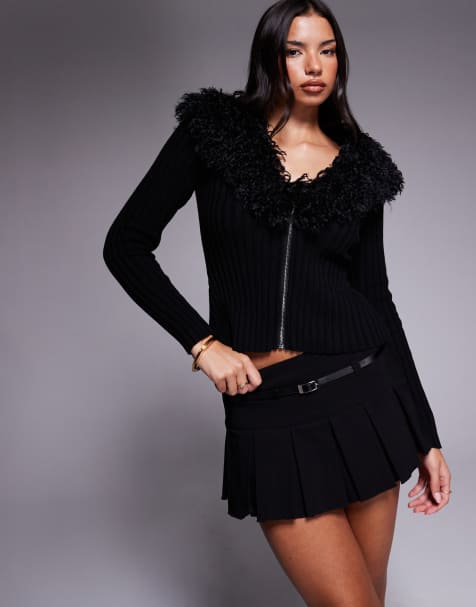 Tiger Mist Annelise detachable skinny belt detail mid rise pleated micro skort in black - view 1