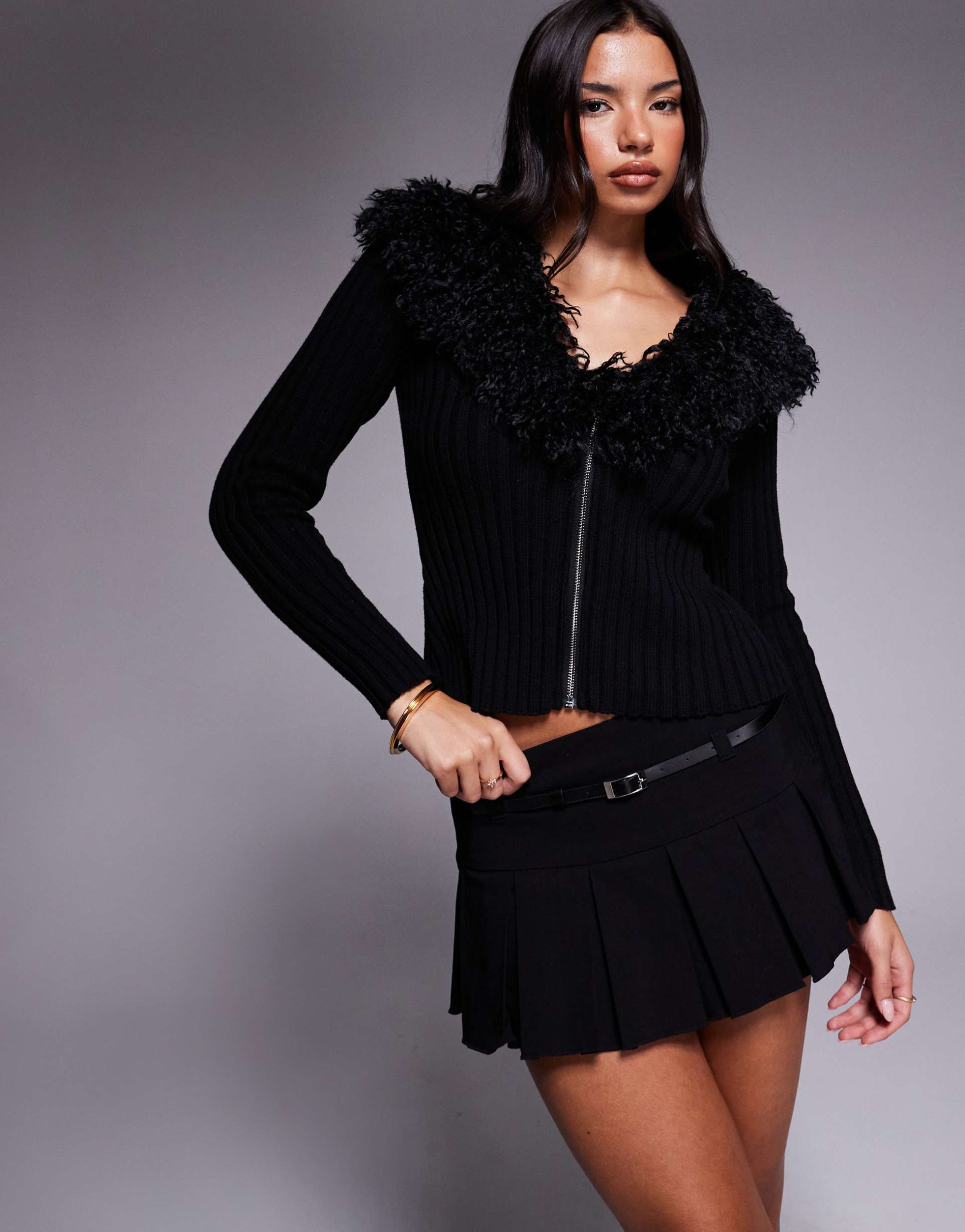 tiger mist annelise detachable skinny belt detail mid rise pleated micro skort in black