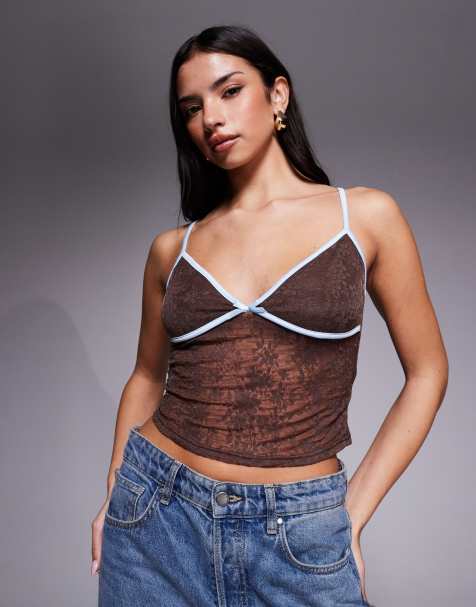 Tiger Mist Auburn lace contrast trim bow detail cami top in brown and baby blue