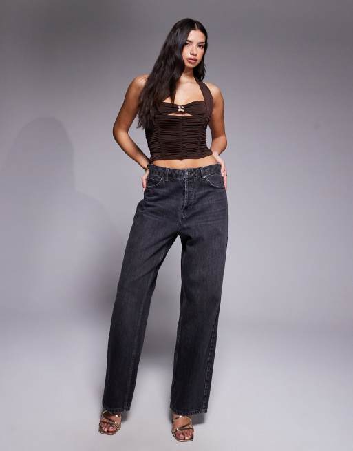 Tiger Mist Briallen halterneck gold hardware keyhole detail ruched crop top in chocolate, 4 of 4