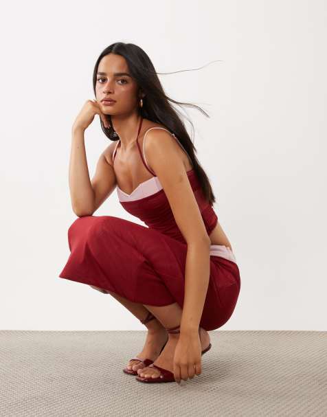 Tiger Mist Caline Midirock mit Raffungen und Mesh-Overlay als Set in Rot und Babyrosa - view 1