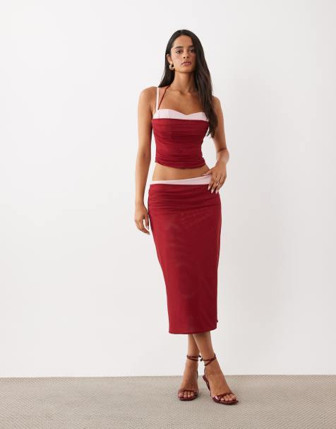 Tiger Mist Caline strappy peakaboo ruched mesh overlay corset top and midi skirt set in red and baby pink - view 1