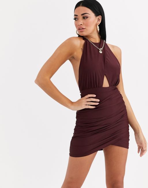 Tiger Mist cross neck bodycon dress with cutout in berry