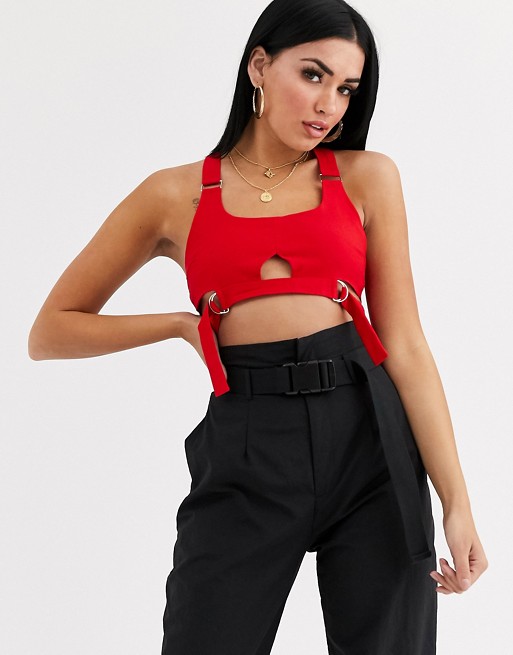Tiger Mist cutout micro crop top with buckle detail in red