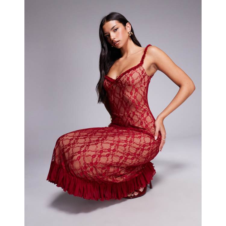 Tiger Mist Deja 90s lace ruffle trim bow detail midi dress