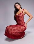 [Tiger Mist] Tiger Mist Deja 90s lace ruffle trim bow detail midi dress in red S RED