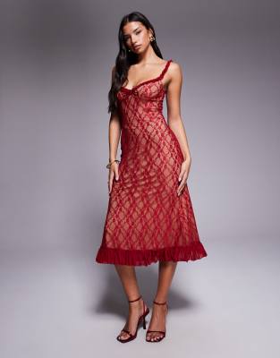 Tiger Mist Deja 90s Lace Ruffle Trim Bow Detail Midi Dress In Red