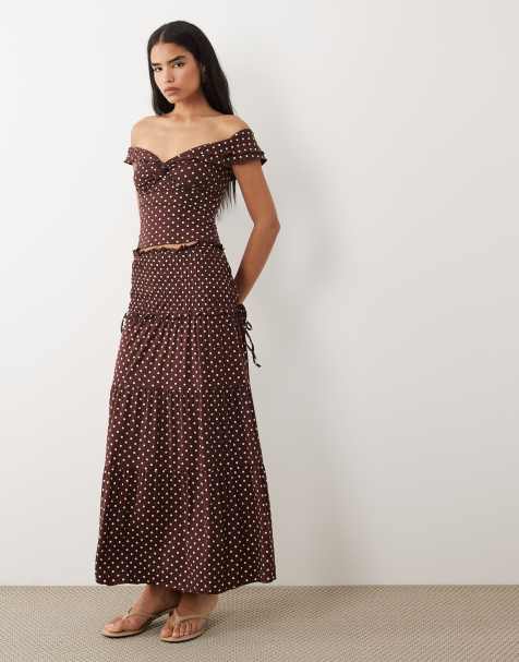 Tiger Mist Denali off shoulder top and maxi skirt co-ord in brown polka dot - view 1