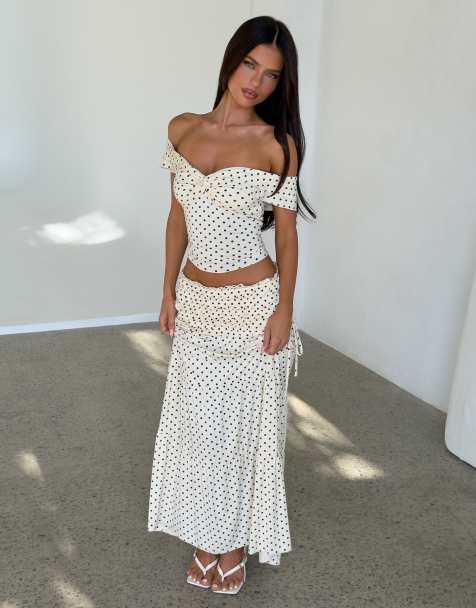 Tiger Mist Denali off shoulder top and maxi skirt set in white polka dot - view 1