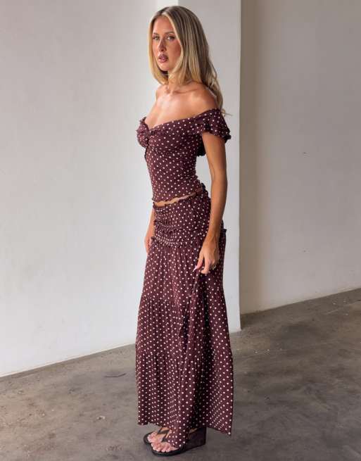 Tiger Mist Denali off shoulder top co-ord in brown polka dot, 4 of 4