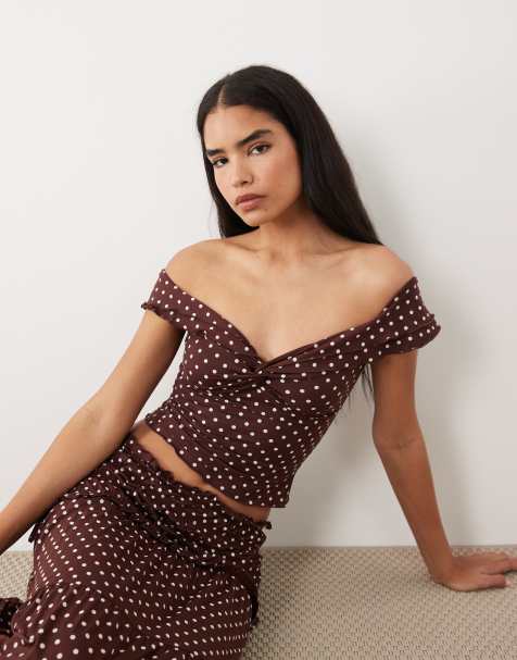 Tiger Mist Denali off shoulder top in brown polka dot - part of a set - view 1
