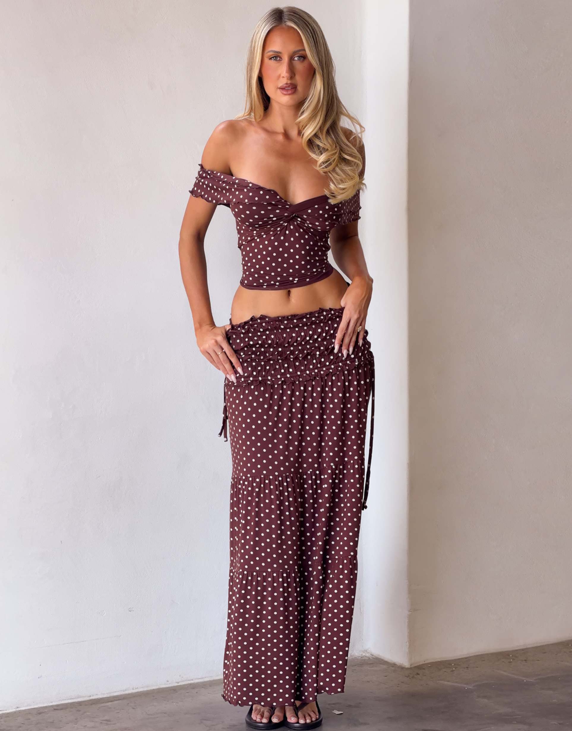 tiger mist denali off shoulder top in brown polka dot - part of a set