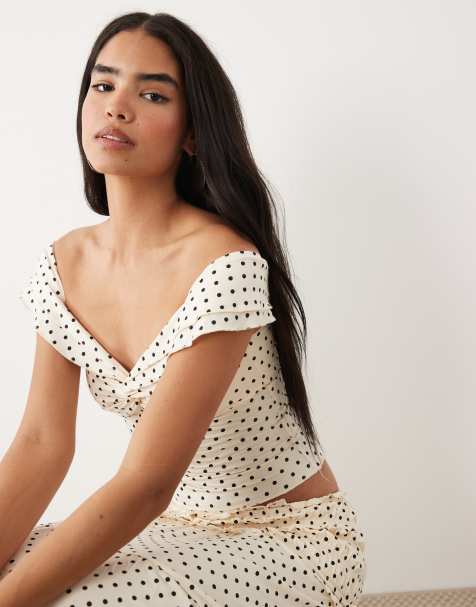 Tiger Mist Denali off shoulder top in white polka dot - part of a set - view 1