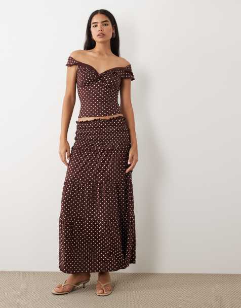 Tiger Mist Denali ruched drop waist maxi skirt co-ord in brown polka dot - view 1