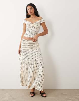 Tiger Mist Denali ruched drop waist maxi skirt in white polka dot - part of a set white polka