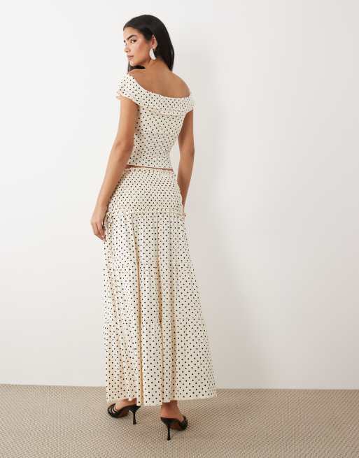 Tiger Mist Denali ruched drop waist maxi skirt in white polka dot - part of  a set | ASOS