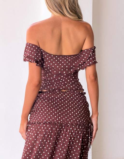 Tiger Mist - Denali - Top met blote schouders en stippen in bruin, deel van co-ord set, 2 van 4