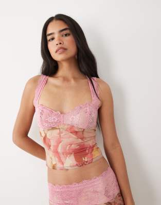 Tiger Mist Dune contrast lace bust detail crop top in baby pink floral - part of a set baby pink floral