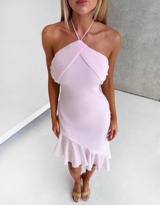 Tiger Mist Elarina 2.0 Chiffon-Halfterkleid mit asymmetrischem Volantsaum in Babyrosa, 2 von 4