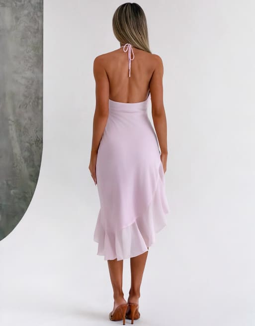 Tiger Mist Elarina 2.0 Chiffon-Halfterkleid mit asymmetrischem Volantsaum in Babyrosa, 3 von 4