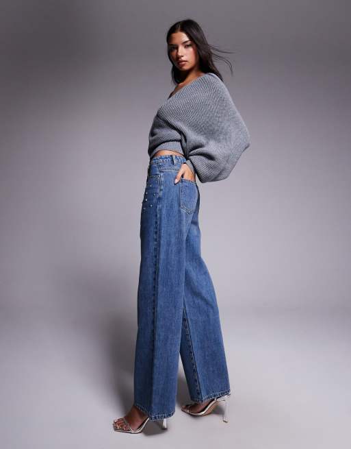 Tiger Mist - Elira - Mellemvasket blå jeans med lige ben og nittehuller, 2 af 5