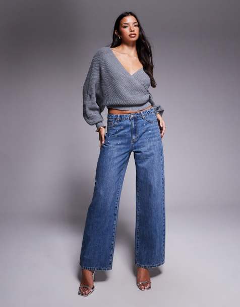 Tiger Mist Elira studded eyelet detail low-mid rise straight leg jeans in mid wash blue